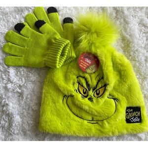 The Grinch Faux Fur Kids Beanie Hat Gloves Set Green Fluffy Christmas NEW Xmas